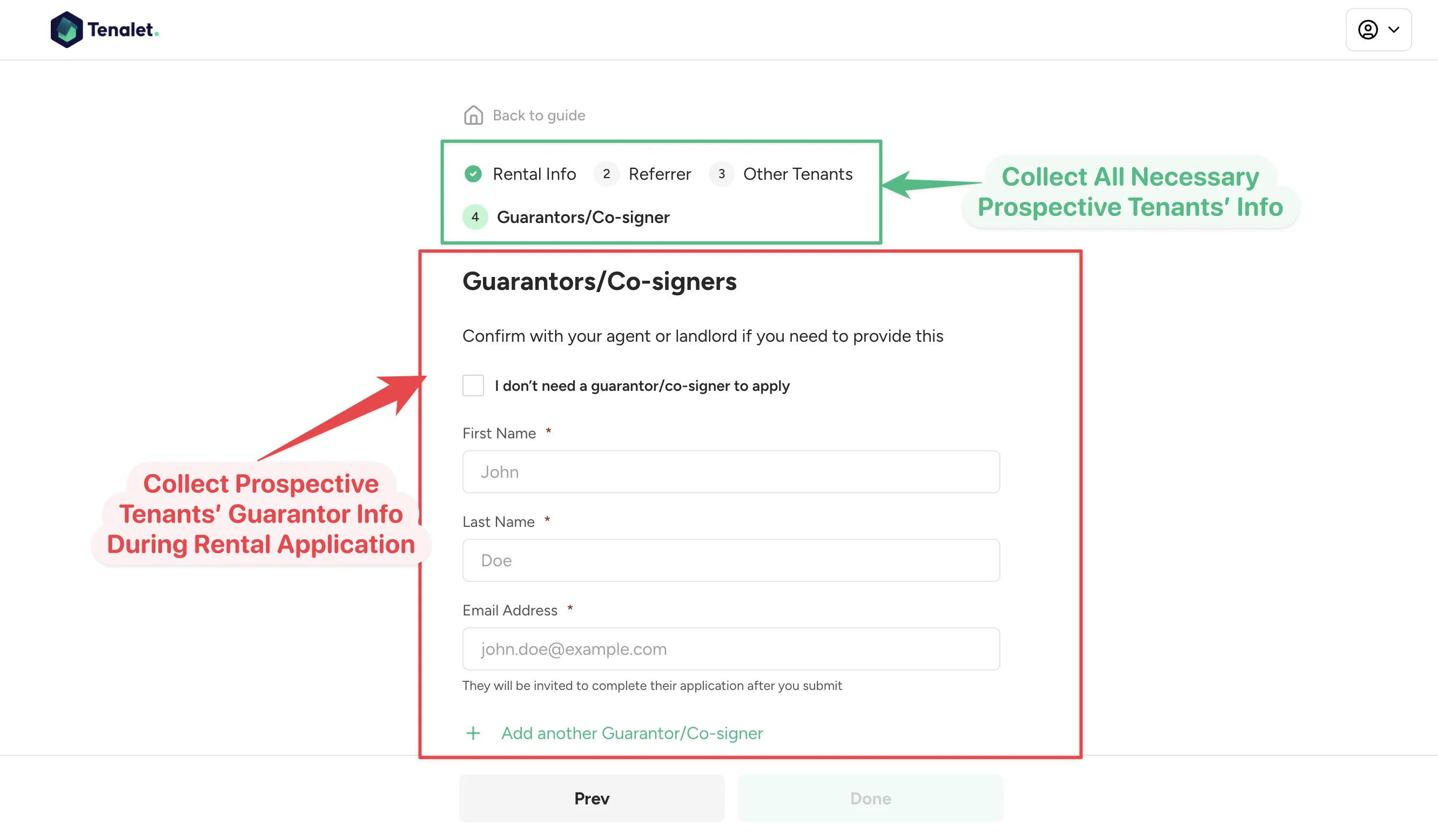 Roofteller's online rental application collecting prospective tenant and guarantor information